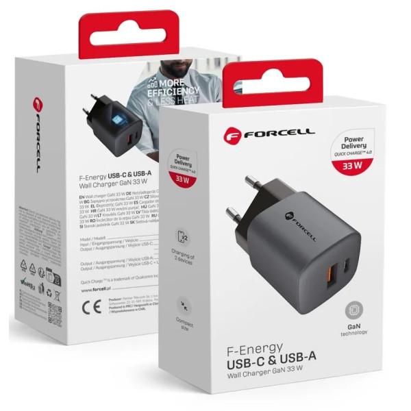 Φορτιστής τηλεφώνου Forcell F-Energy GaN USB C + USB A QC4.0 PD 3A 33W VT-31 σε γκρι χρώμα Φορτιστής τηλεφώνου Forcell F-Energy GaN USB C + USB A QC4.0 PD 3A 33W VT-31 σε γκρι χρώμα