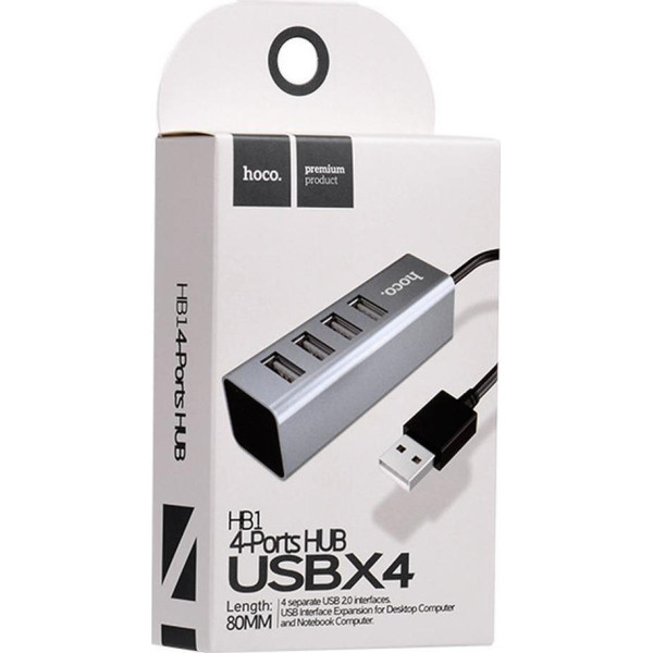 Hoco HB1 USB 2.0 Hub 4 Θυρών με σύνδεση USB-A και Φόρτιση Ασημί Hoco HB1 USB 2.0 Hub 4 Θυρών με σύνδεση USB-A και Φόρτιση Ασημί