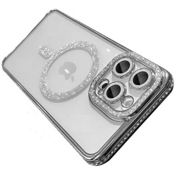 Θήκη Σιλικόνης Glitter and Strass MagSafe με Προστασία Κάμερας Ασημί για iPhone 16 Pro 5G 6,1"