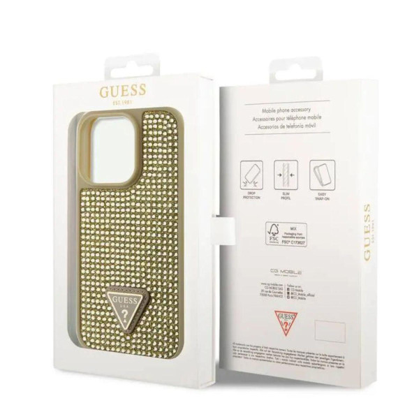 Θήκη Guess Rhinestones Triangle Metal Logo για iPhone 15 Pro Gold GUHCP15LHDGTPD