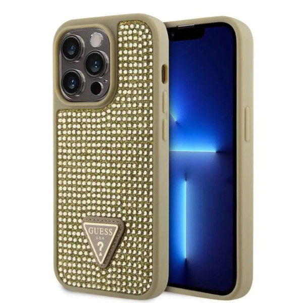 Θήκη Guess Rhinestones Triangle Metal Logo για iPhone 15 Pro Gold GUHCP15LHDGTPD