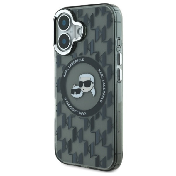 Karl Lagerfeld iPhone 16 - IML Monogram Karl and Choupette Head - MagSafe Σκληρή Θήκη με Πλαίσιο Σιλικόνης - Black - KLHMP16SHMCKMHK