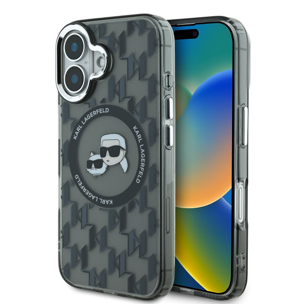 Karl Lagerfeld iPhone 16 - IML Monogram Karl and Choupette Head - MagSafe Σκληρή Θήκη με Πλαίσιο Σιλικόνης - Black - KLHMP16SHMCKMHK