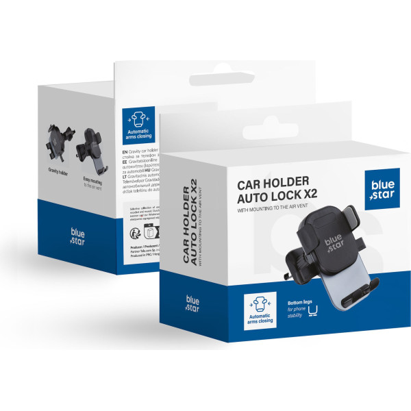 Blue Star Βάση Κινητού Αυτοκινήτου Auto Lock Holder X2 με Ρυθμιζόμενα Άγκιστρα Μαύρη
