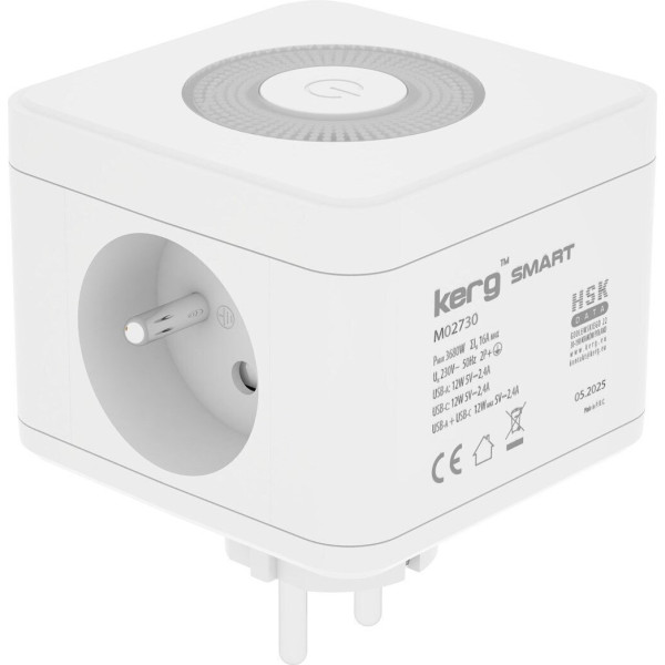 Πολύπριζο Aσφαλείας 2 Θέσεων Power strip 2-socket + USB-A+USB-C charger + LED lamp 16A/250V~ KERG Smart white