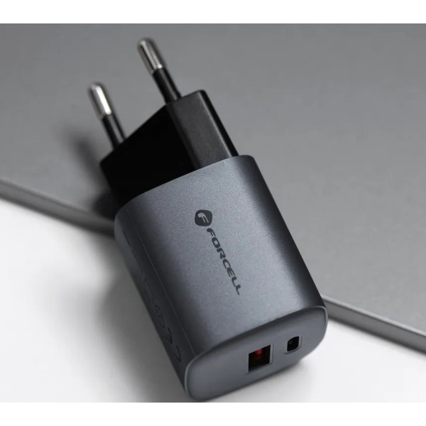 Φορτιστής τηλεφώνου Forcell F-Energy GaN USB C + USB A QC4.0 PD 3A 33W VT-31 σε γκρι χρώμα Φορτιστής τηλεφώνου Forcell F-Energy GaN USB C + USB A QC4.0 PD 3A 33W VT-31 σε γκρι χρώμα