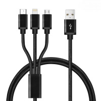 Καλώδιο γρήγορης Φόρτισης και Μεταφοράς Δεδομένων 3 σε 1 USB με υποδοχή Lightning, Micro Usb και Usb Type-C 1,2m μαύρο