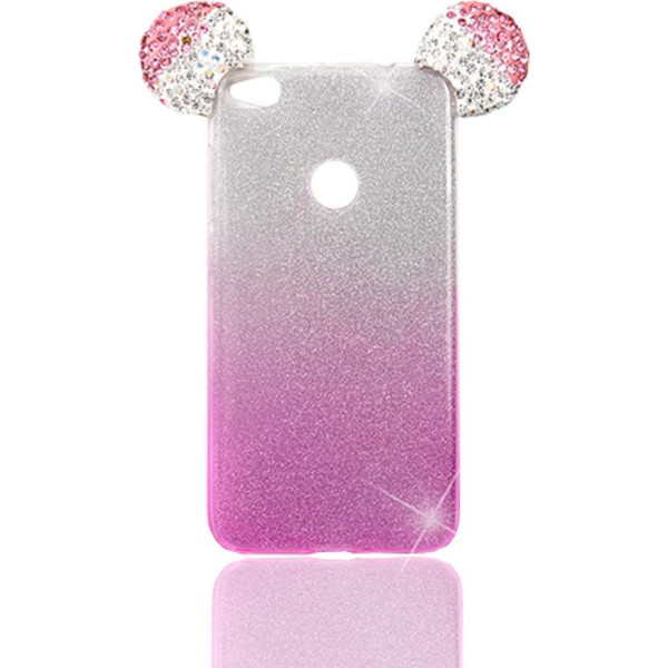 Θήκη Σιλικόνης Glitter Με Σχέδιο Αυτιά Mickey Για Apple iPhone 7/8 Plus Ροζ-Ασημί
