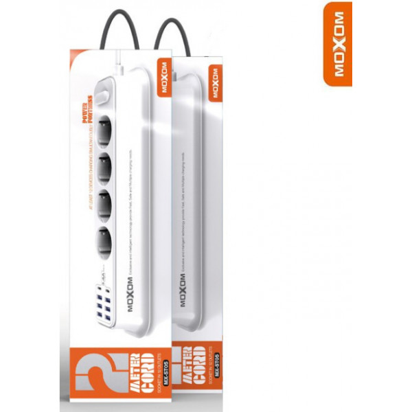 Πολύπριζο MOXOM MX-ST05 με 4 Πρίζες Ρεύματος,6 Θύρες USB, 2 Θύρες Type C 3.4Α και Καλώδιο 2m - Λευκό