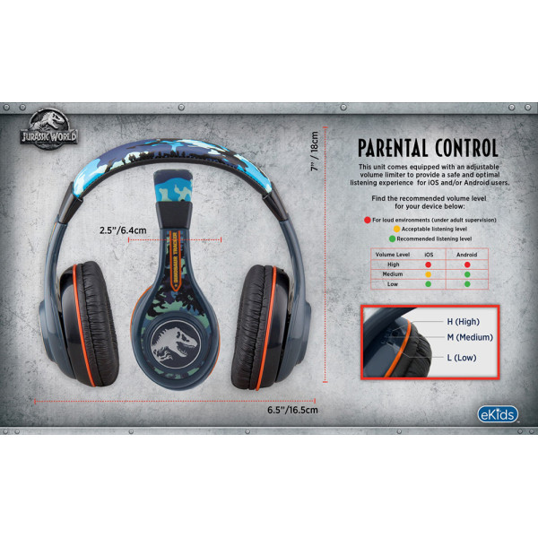 eKids Jurassic World Ενσύρματα Ακουστικά με ασφαλή μέγιστη ένταση ήχου για παιδιά και εφήβους (JW-140) (Γαλάζιο/Λευκό/Πορτοκαλί)