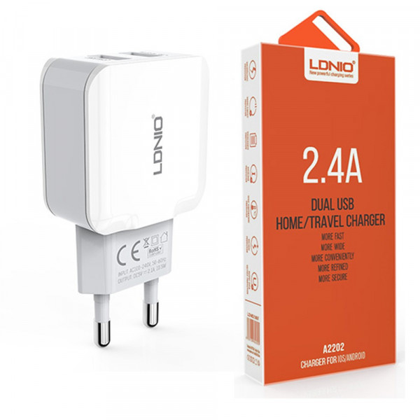LDNIO 2x USB Wall Adapter Λευκό 2.4A (A2202)
