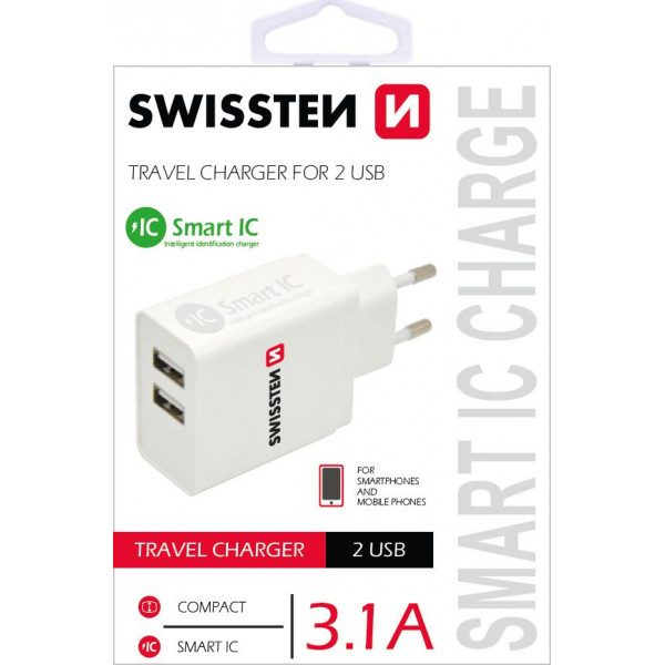 Smart IC Φορτιστής ταξιδιού 3.1A Swissten 22013307 - 2x USB - White