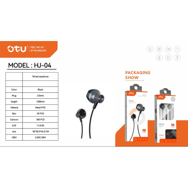 OTU HEADPHONES & MIC  HJ-04 SMART WIRE HEADSET METAL HIFI IN-EAR