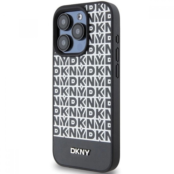 DKNY Leather Printed Pattern Metal Logo MagSafe Case for iPhone 15 Pro Max - Black