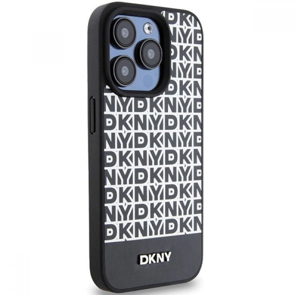 DKNY Leather Printed Pattern Metal Logo MagSafe Case for iPhone 15 Pro Max - Black